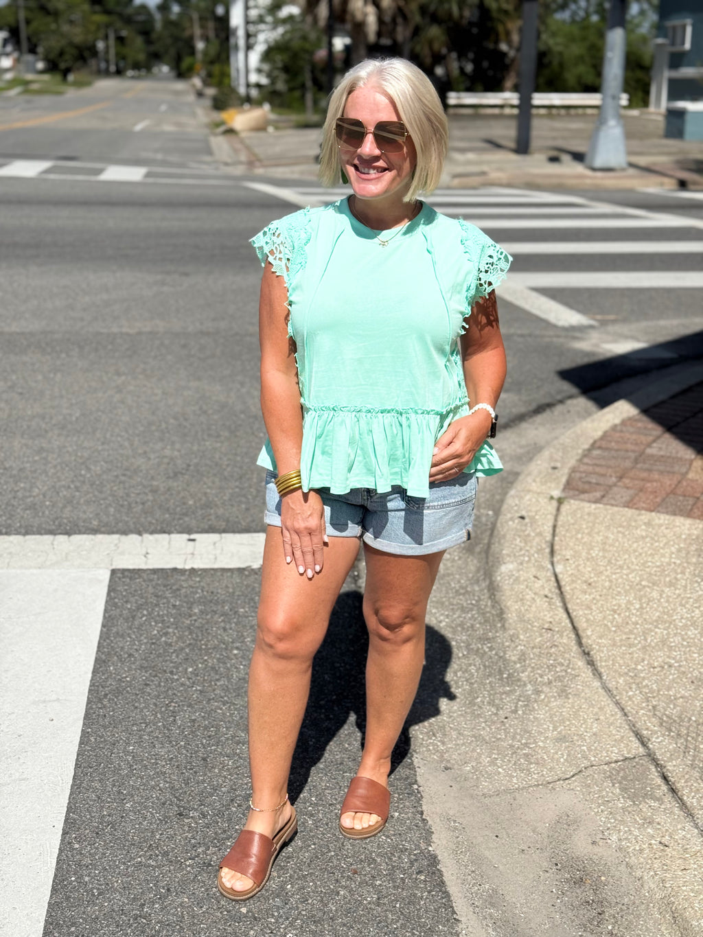 Mint Solid Jersey Tiered Top With Lace Sleeve