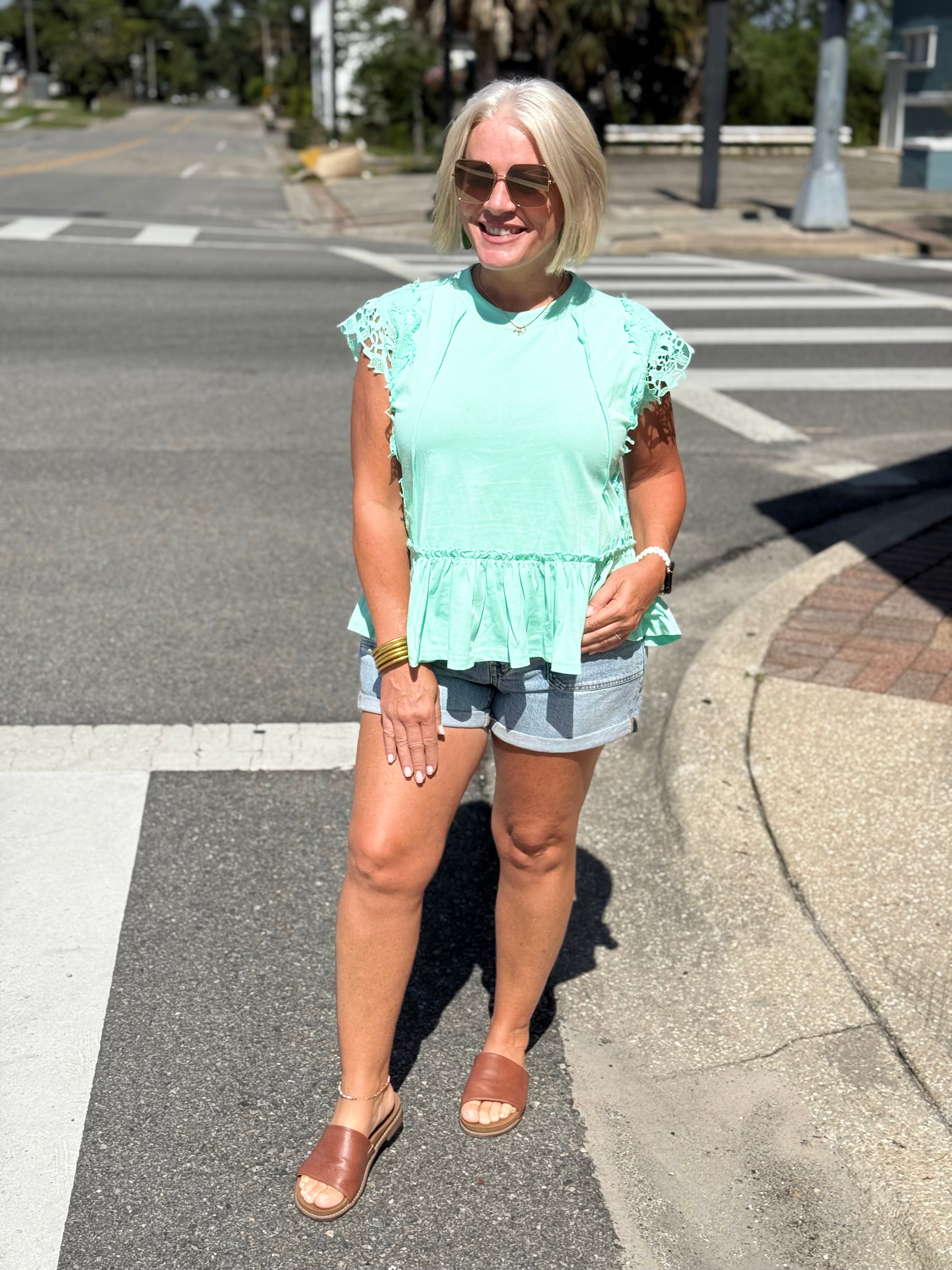 Mint Solid Jersey Tiered Top With Lace Sleeve