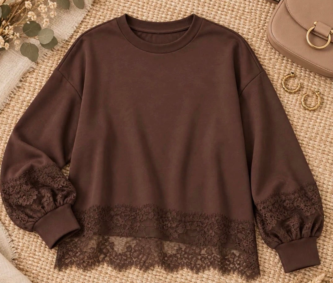 Brown Lace Trim Balloon Long Sleeve Top