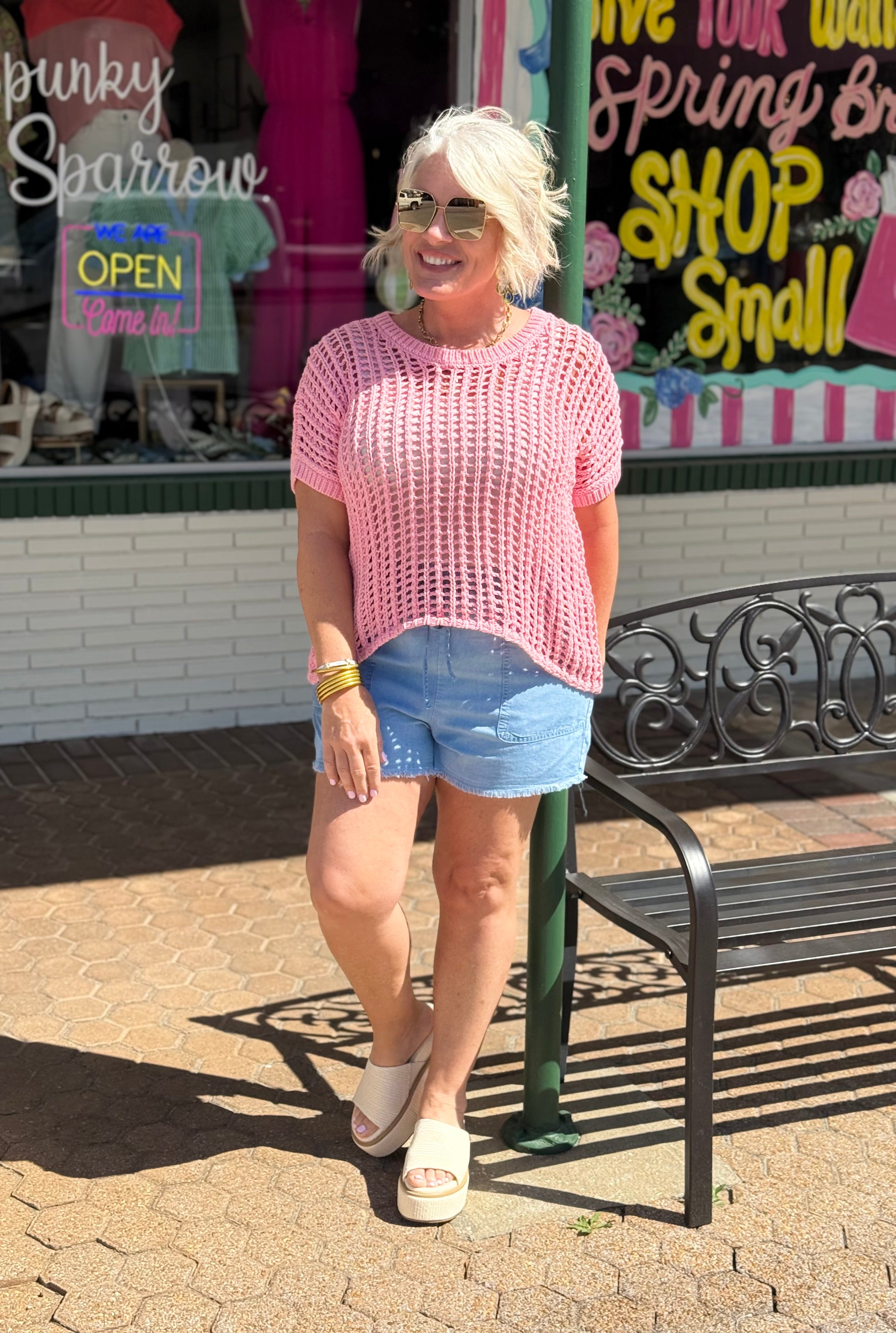 Light Denim  Distressed Hem Patch Pocket Shorts
