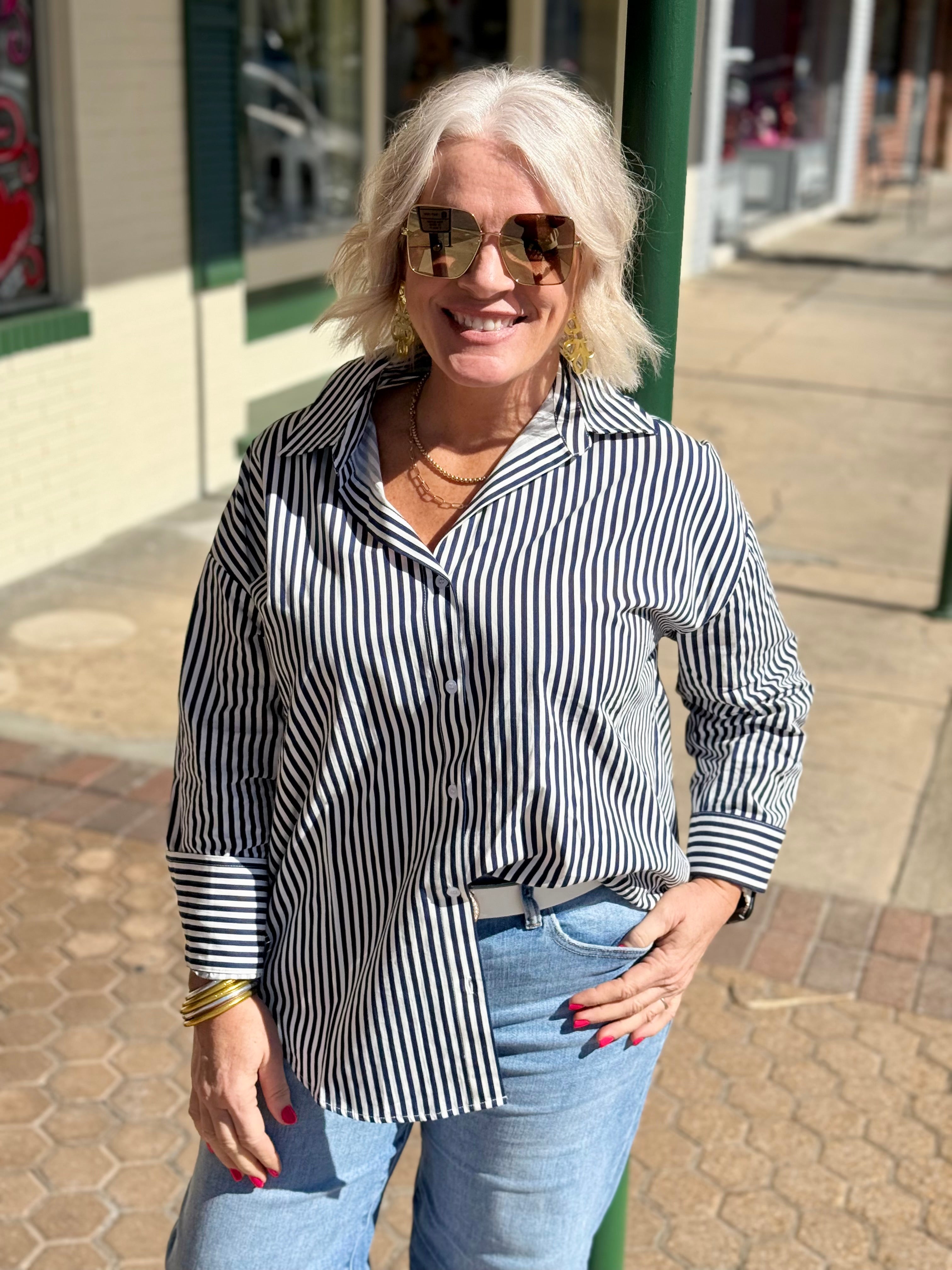 Navy Striped Button-Up Poplin Shirt