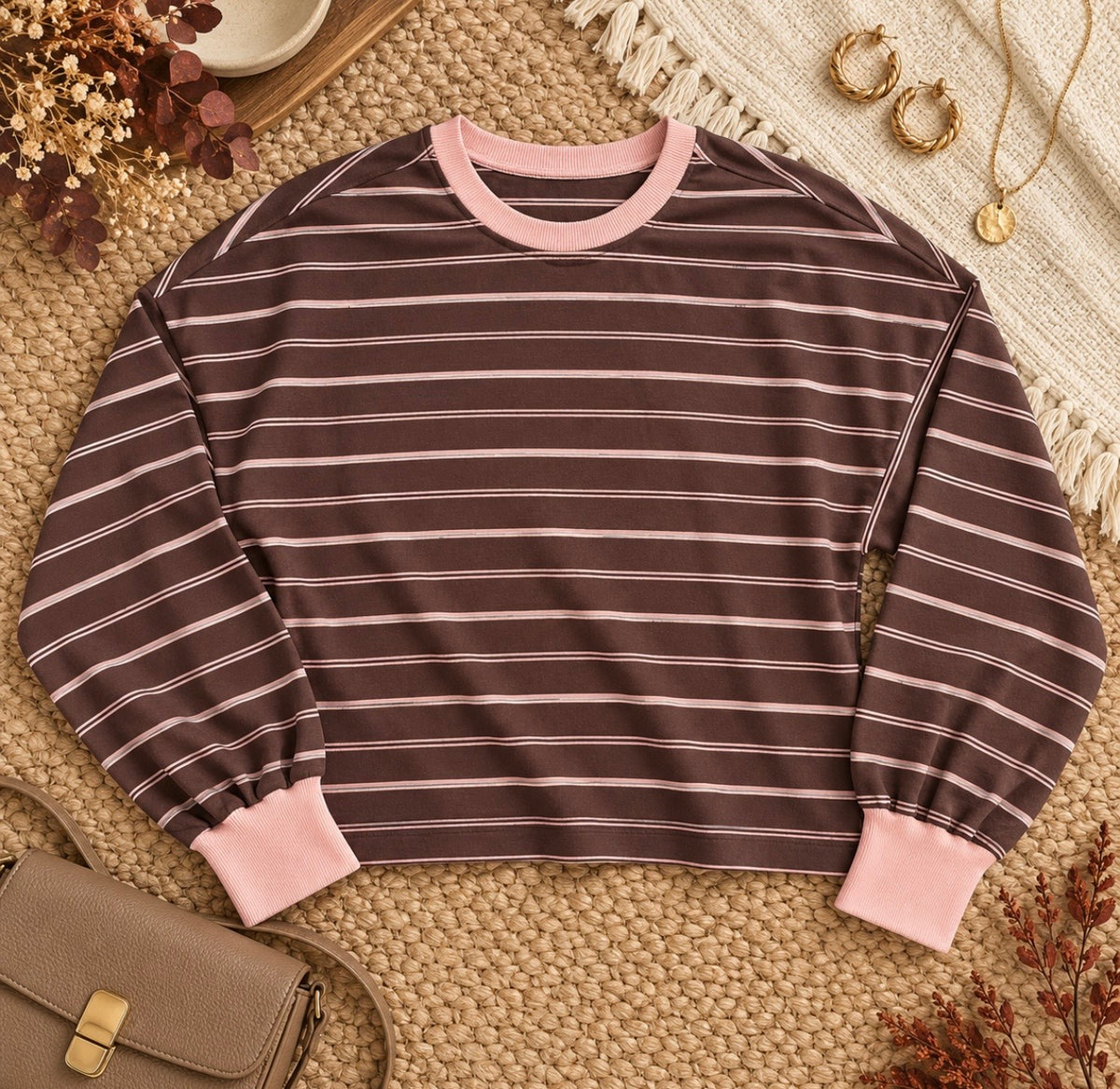 Brown and Baby Pink Striped Long Sleeve Top