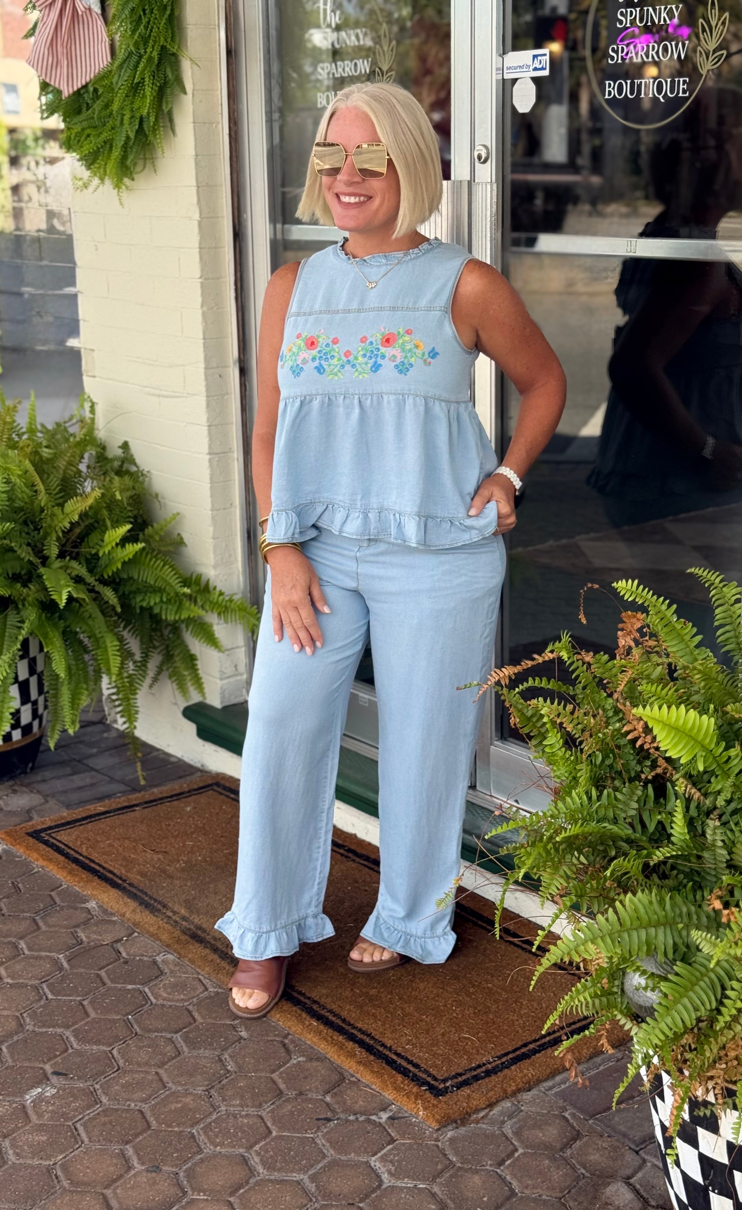 Floral Embroidery Tank and Pants Set