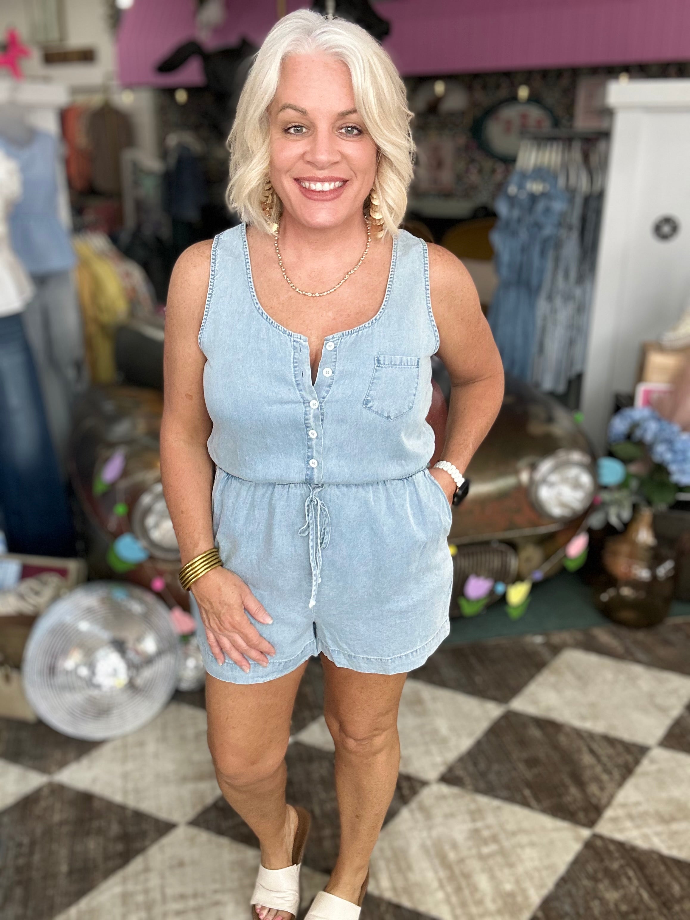 Light Denim Sleeveless Drawstring Waist Henley Romper