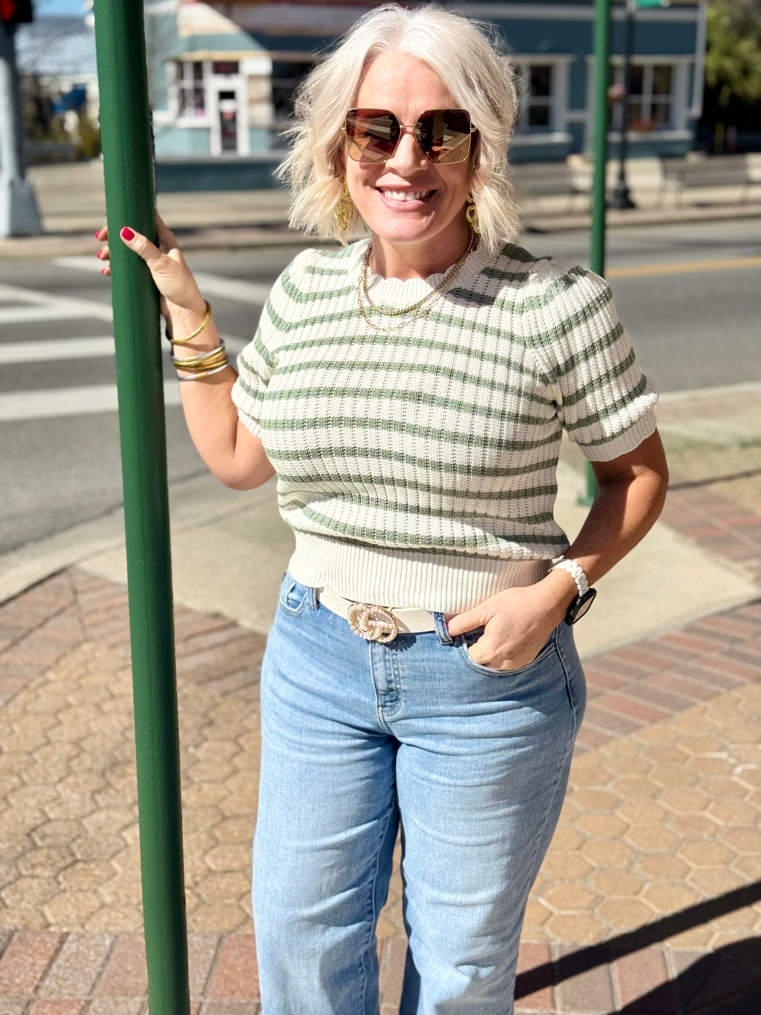 Striped Scallop Edge Puff Sleeve Knit Top in Sage Green