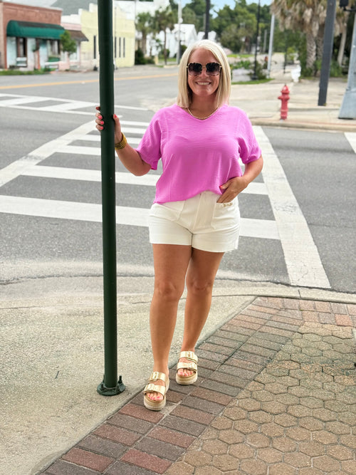 Bright Mauve Woven Airflow V-neck Short Sleeve Top