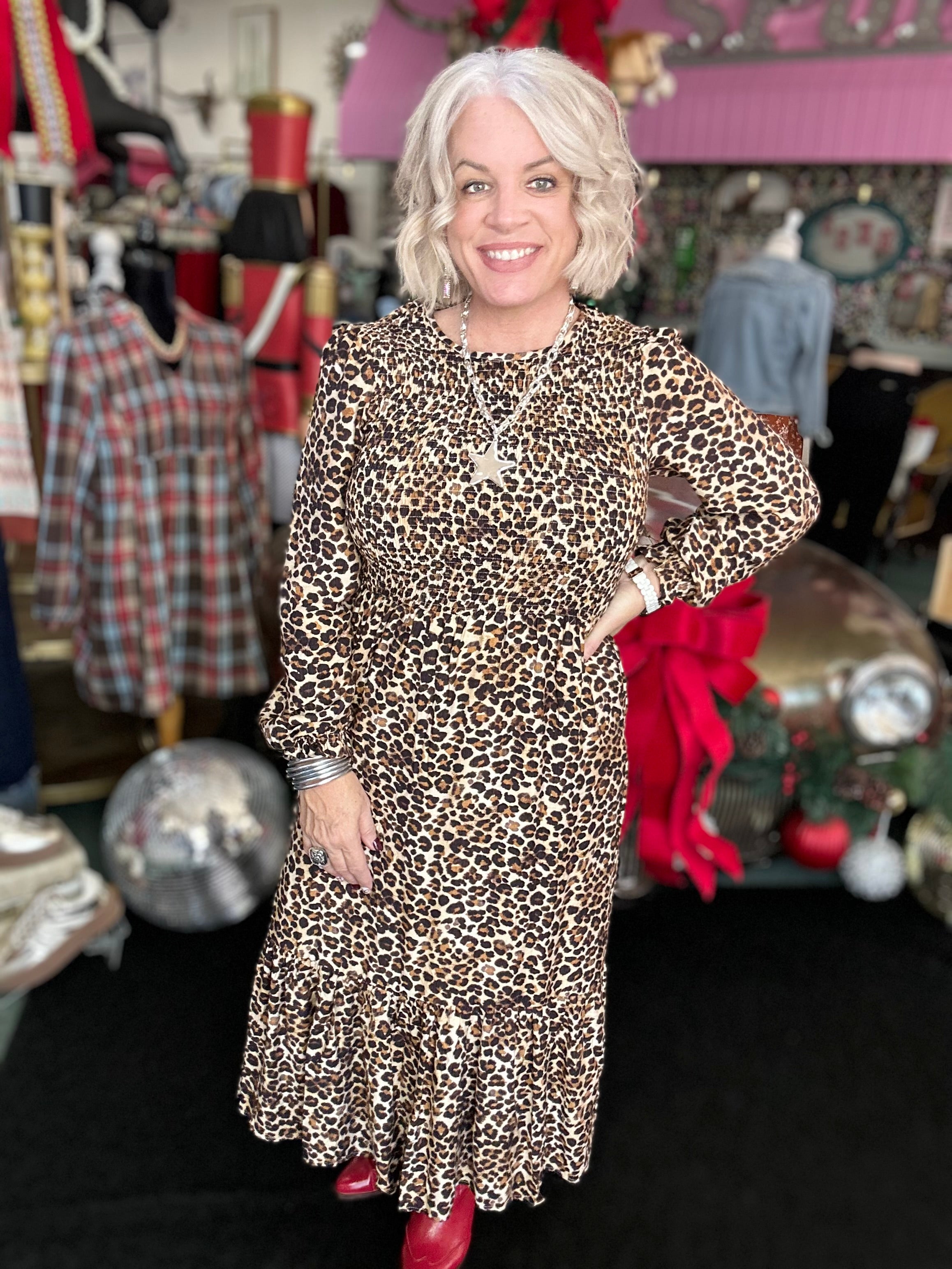 Leopard Print Long Sleeves Midi Dress