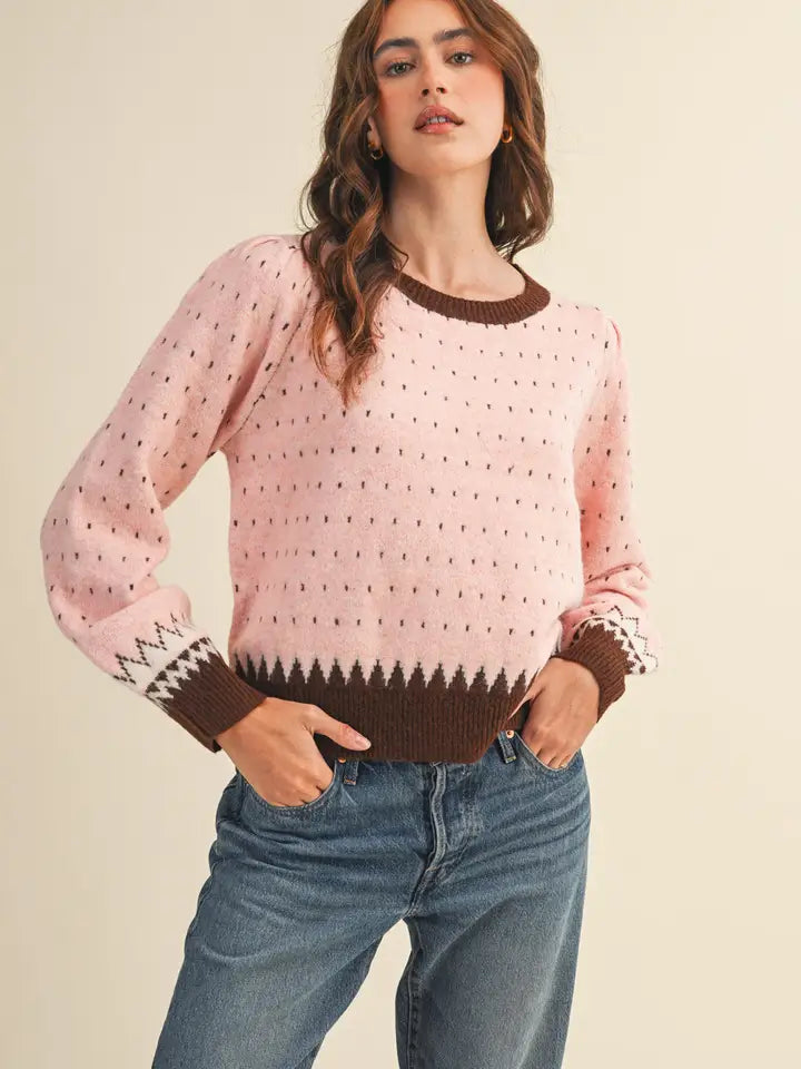 ROSE PINK WITH BROWN GEO PRINT SWEATER