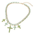 Green Opal Crystal Cross Charm Station Layered Statement Necklace