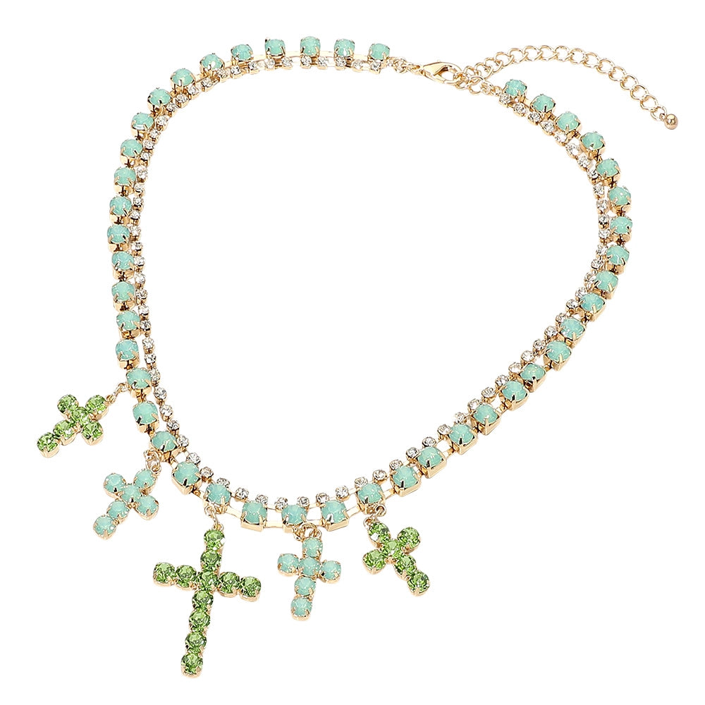 Green Opal Crystal Cross Charm Station Layered Statement Necklace