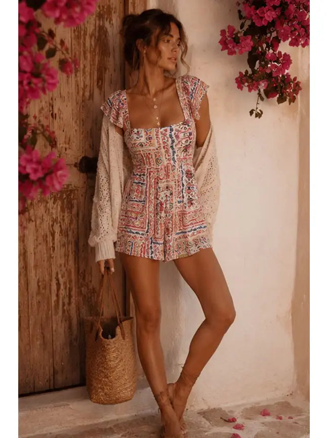 Juniors Boho Patchwork Print Smocked Romper