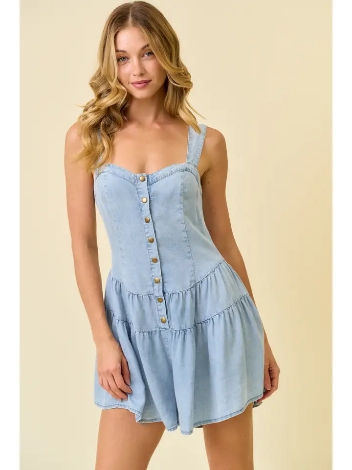 Denim Wide Strap Tiered Flare Romper