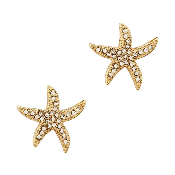 Sealife Rhinestone and Gold Starfish Stud .5" Earring