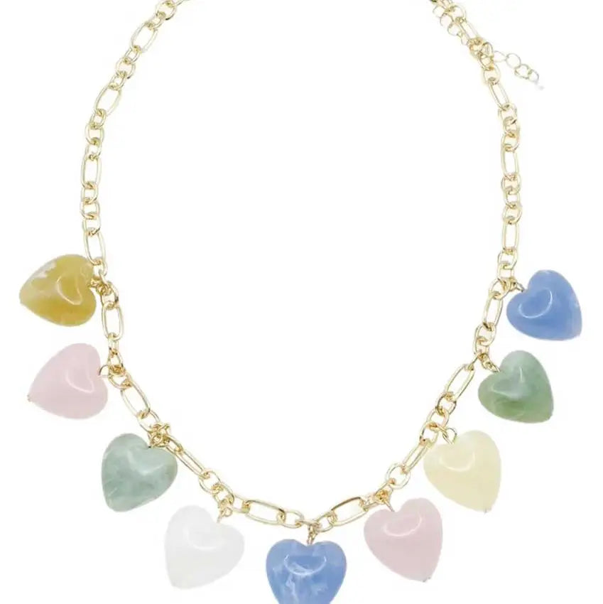 Gold Chain with Pink, Green, Blue and White Acrylic Heart On Gold Chain Charms 16"-18" Necklace