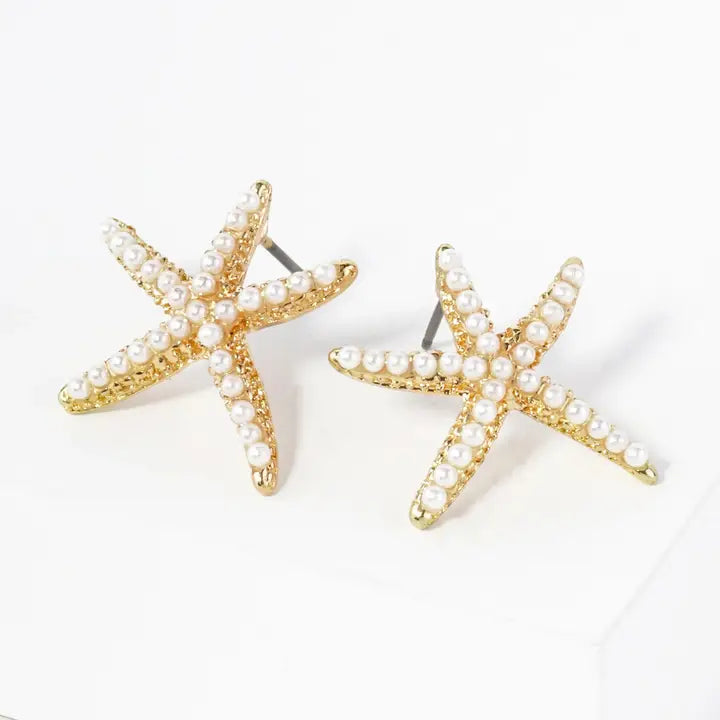 Pearl and Crystal Pave 20mm Starfish Stud Earrings