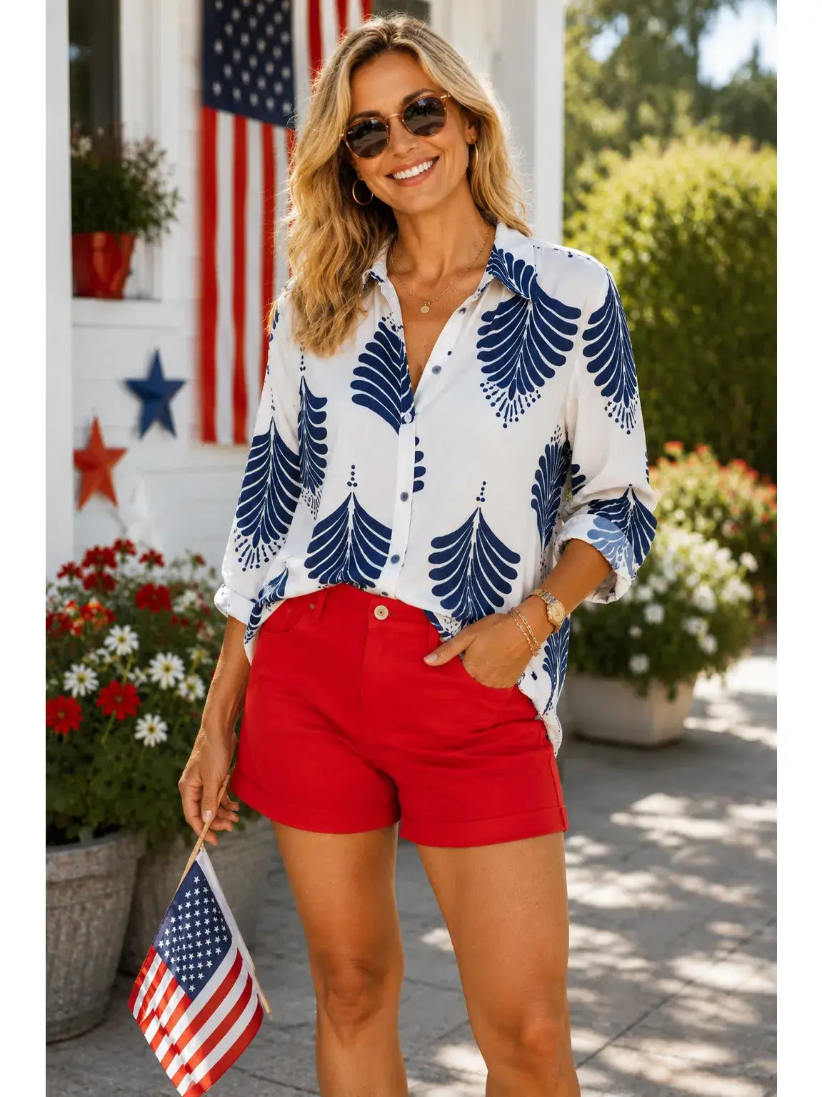 Linique Motif Button Front Blouse