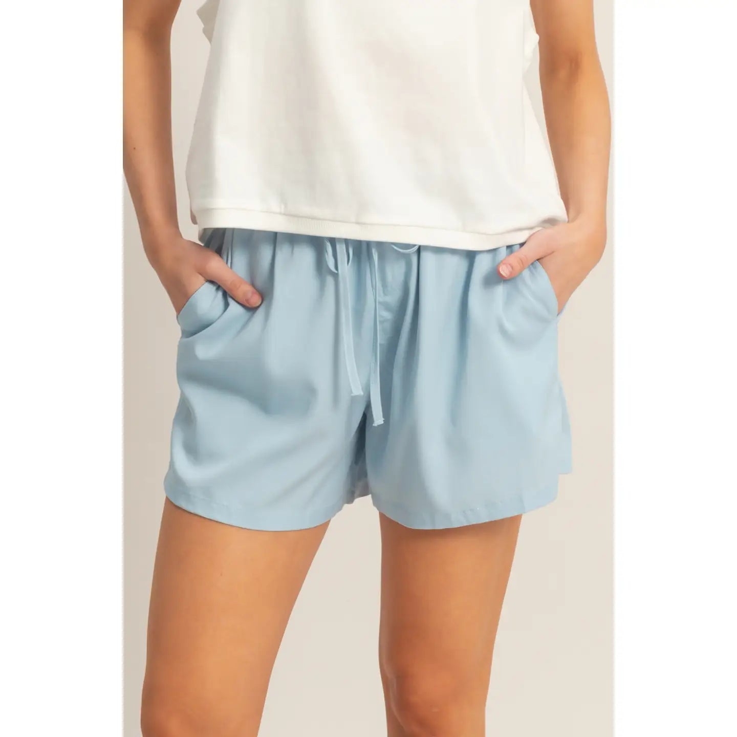 Light Blue Elastic Waist Drawstring Shorts
