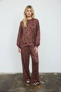 Chocolate Brown Polka Dot Textured Long Sleeve Top and Pants Set