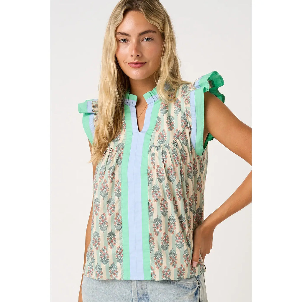 Mint Contrast Striped Floral Print Ruffle Sleeve Top
