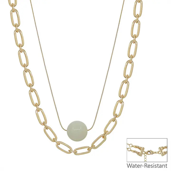Water Resistant 20mm White Acrylic Bead and Gold Chain Layered 16"-18" Necklace