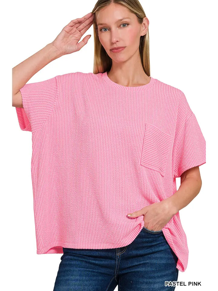 Pastel Pink Corded Rib Short Sleeve Front Pocket Top