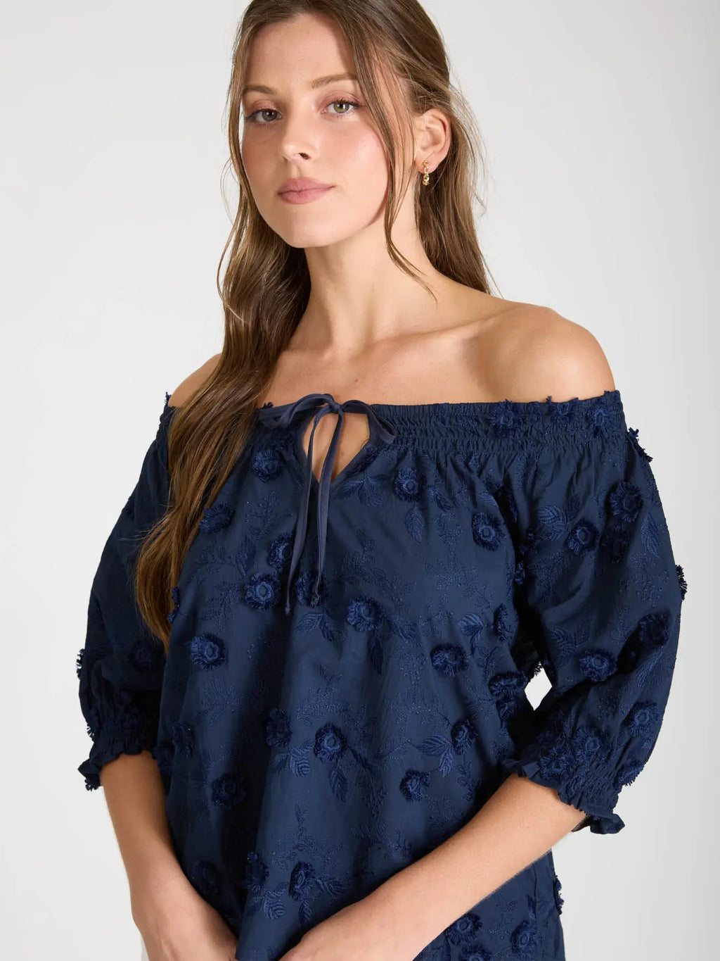 Navy Embroidered 3D Floral Blouse