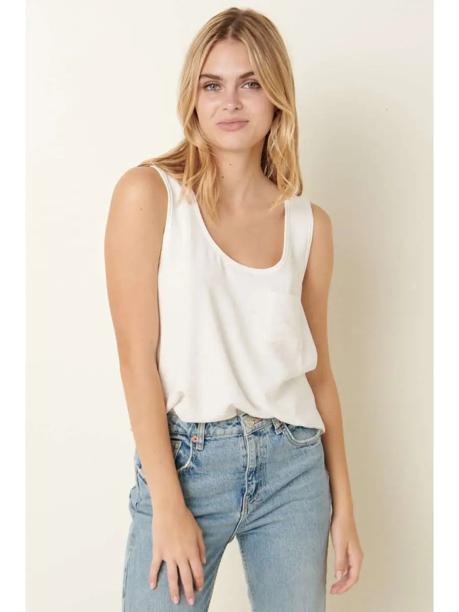 White Scoop Neck Pocket Tank Blouse