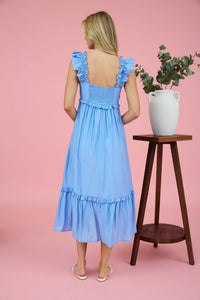 RUFFLE DETAIL EMPIRE WAIST SLEEVELESS MIDI DRESS: BLUE