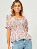 Floral Puff Sleeve Smocked Top in Blush