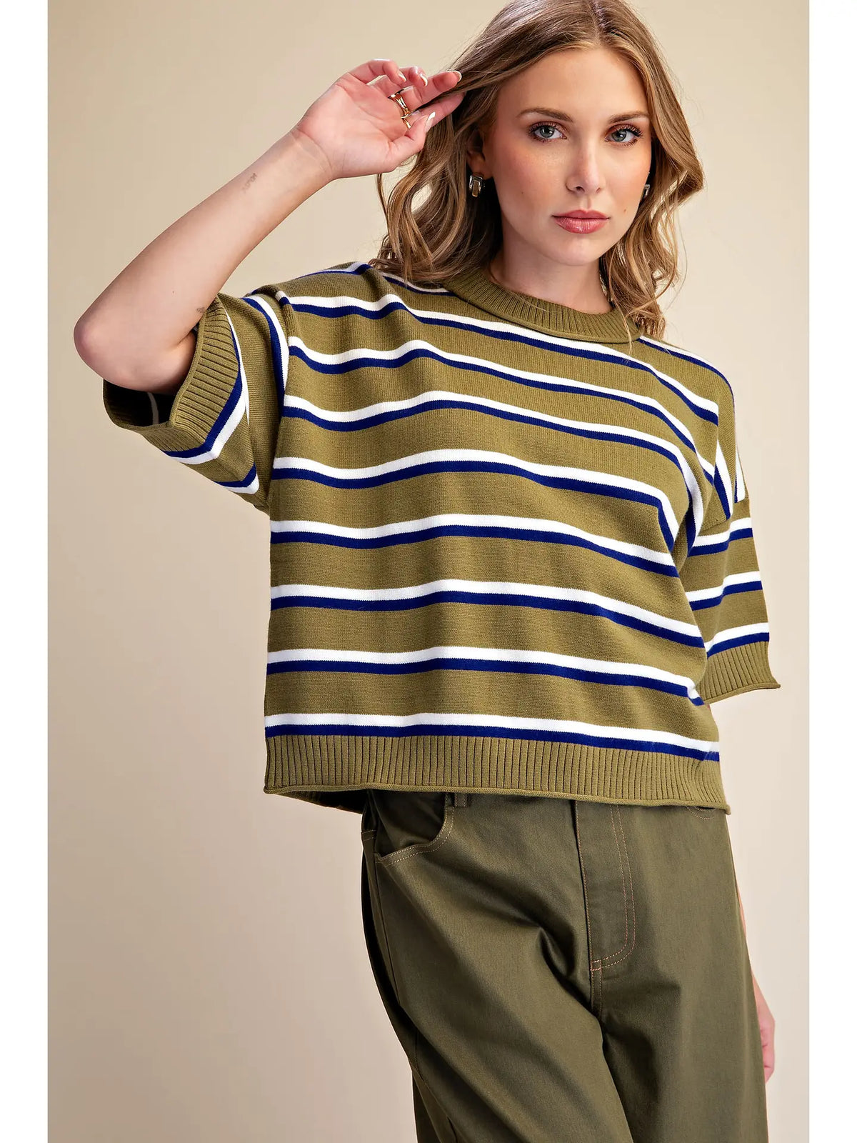Olive and Navy Crew-Neck Stripe Sweater