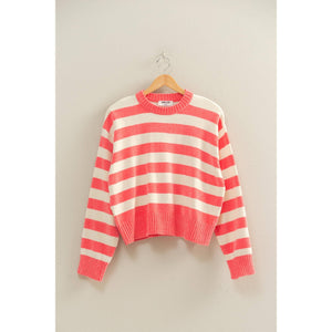 Taffy Pink and Cream Striped Sweater With Ribbed Edge