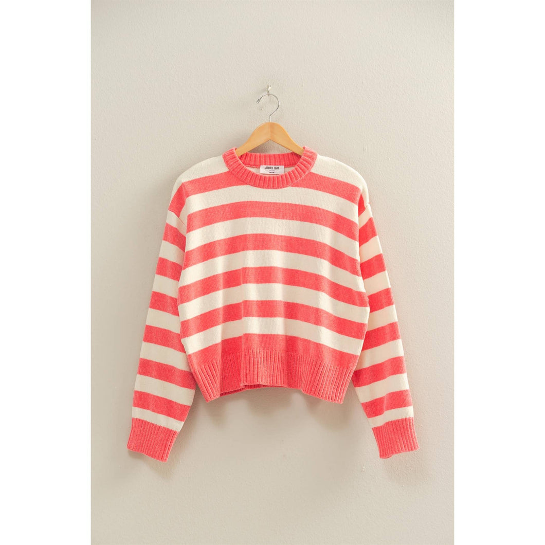 Taffy Pink and Cream Striped Sweater With Ribbed Edge