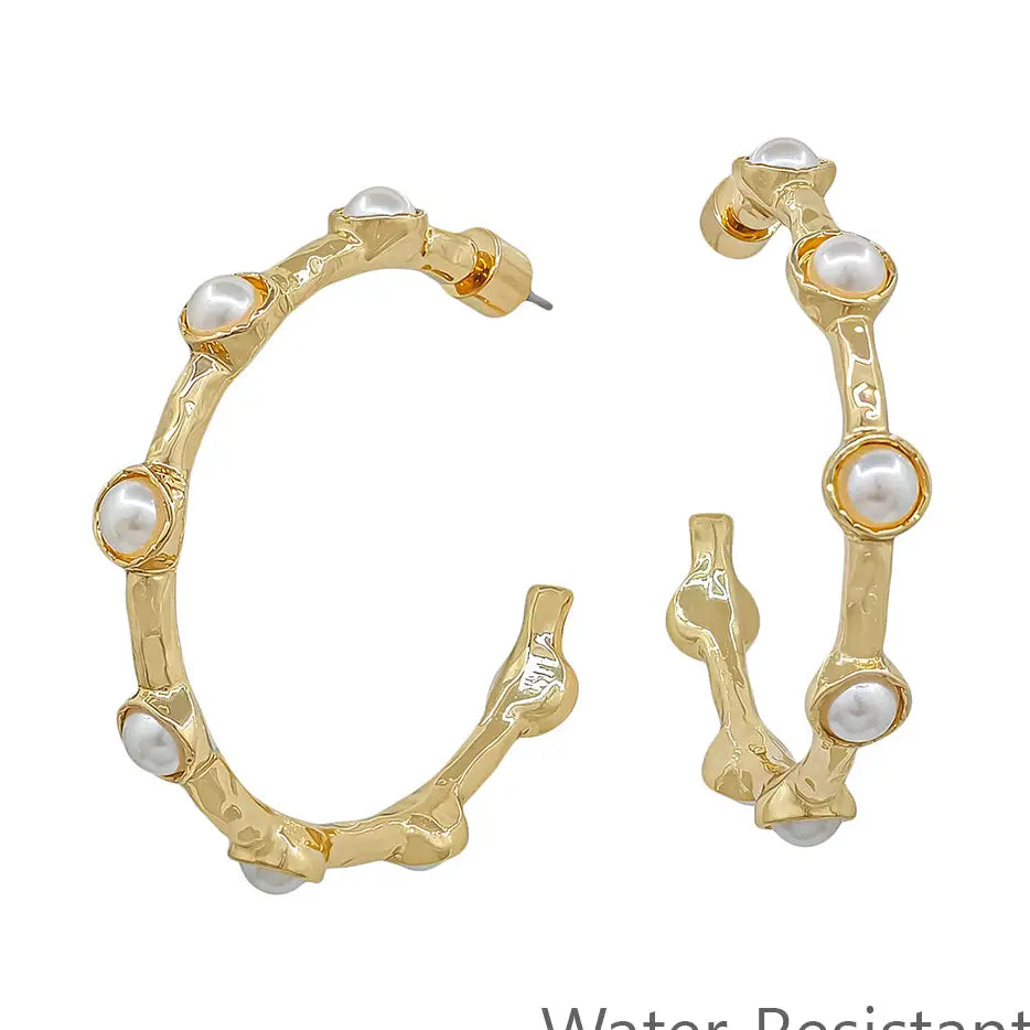 Water Resistant Gold Hammered with Pearl Hoop 2" Earring