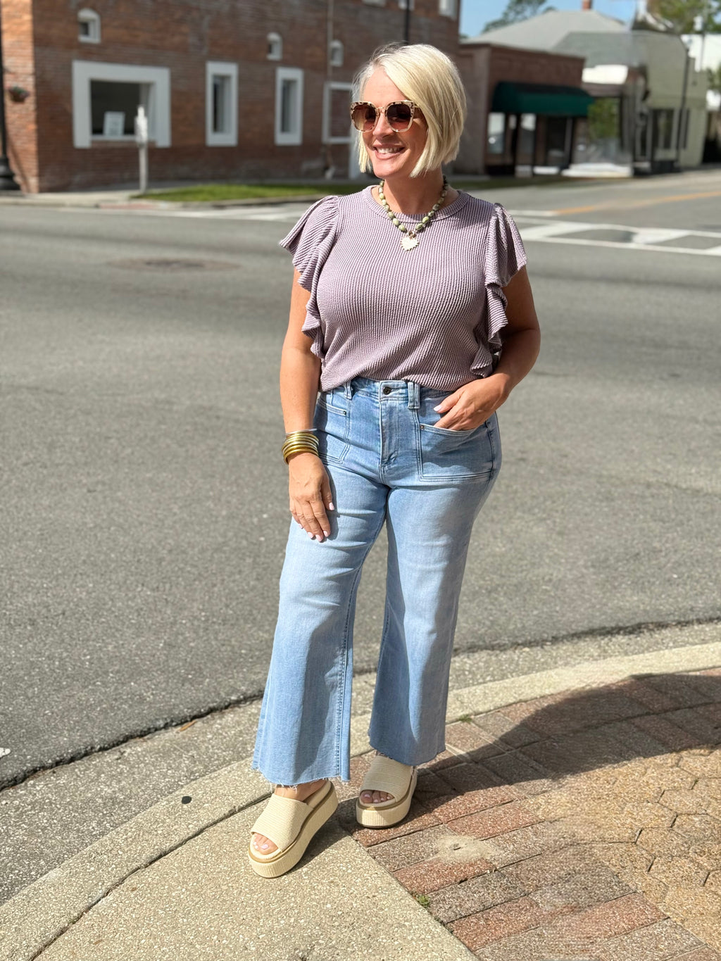 Lavender Short Ruffled Sleeve Solid Urban Ribbed Top