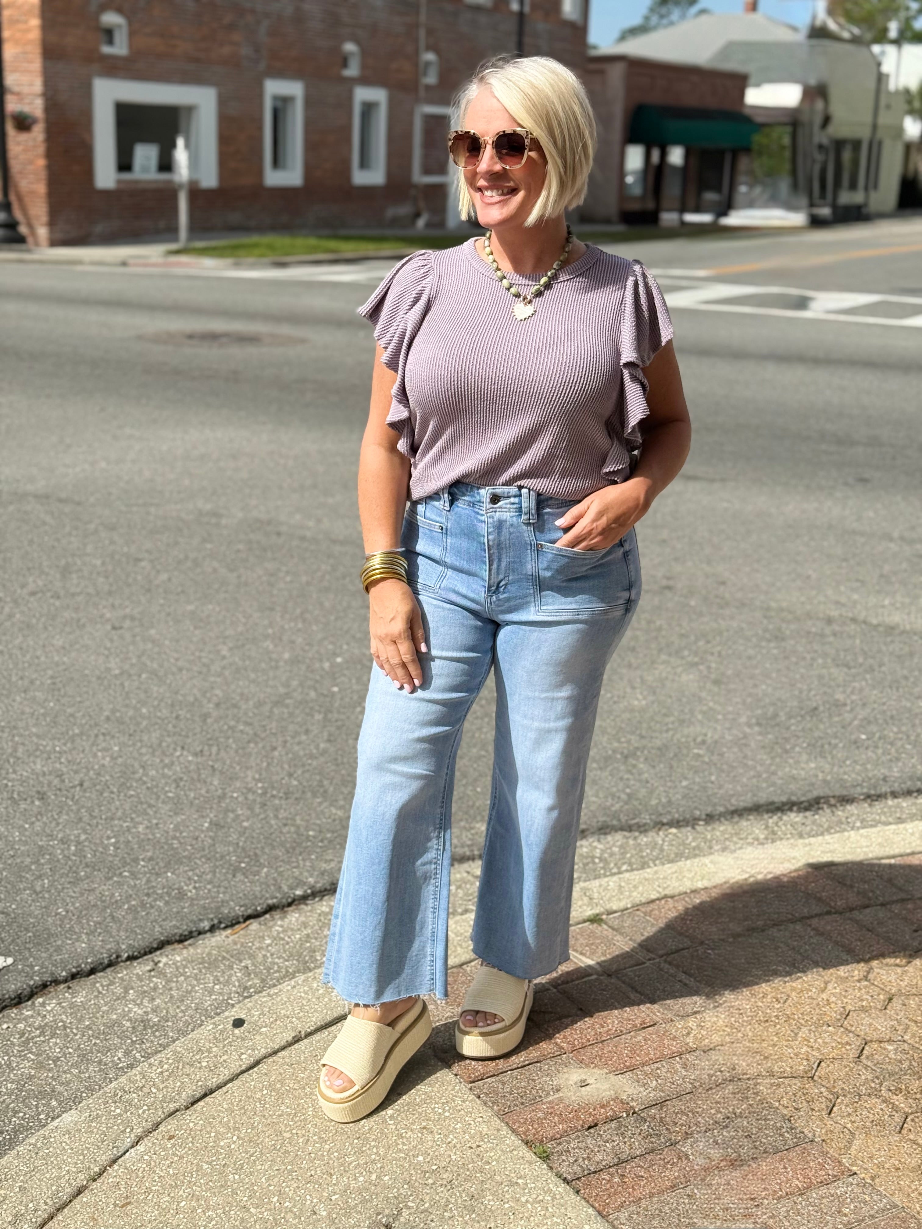 Lavender Short Ruffled Sleeve Solid Urban Ribbed Top