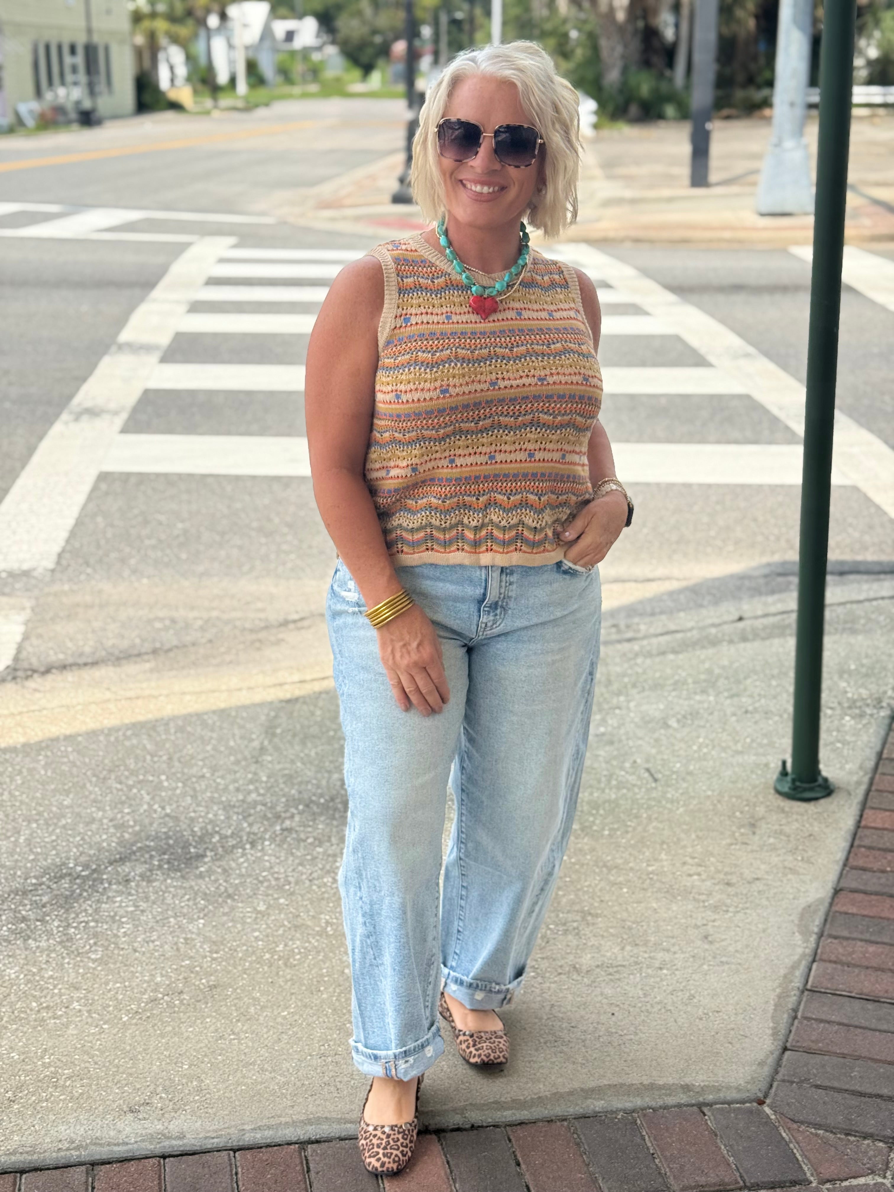 Multi Taupe Geo Pattern Knit Top