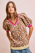 Leopard Pattern Puff Sleeve V-neck Sweater Top