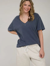 Load image into Gallery viewer, Washed Raw Edge V Neck Short Sleeve Knit Top in Navy
