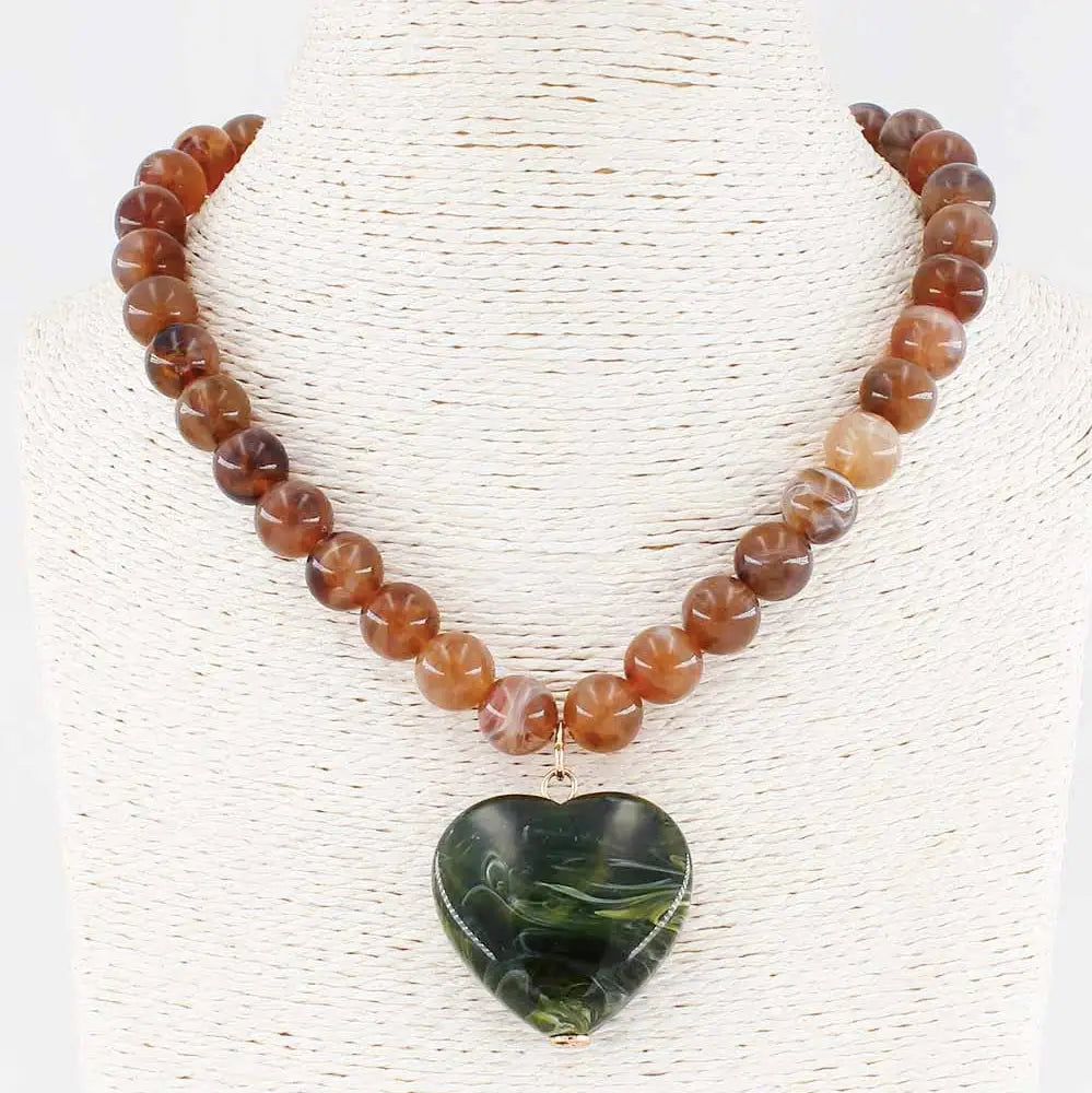 Brown Beaded with Green Stone Heart 16"-18" Necklace