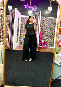 Ruffle Cap Sleeve Top and Waistband Pants Set