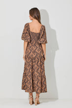 Load image into Gallery viewer, SMOCKED BUBBLE SLEEVE MAXI DRESS: BROWN MULTI
