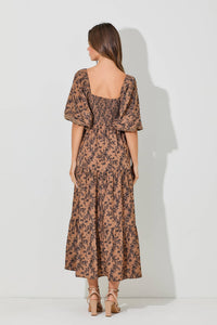 SMOCKED BUBBLE SLEEVE MAXI DRESS: BROWN MULTI