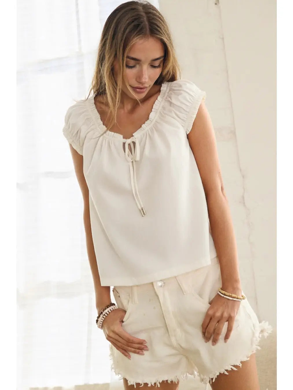 White Solid Poplin Cap Sleeve Blouse