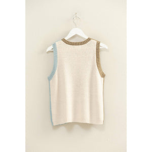 Olive and Blue Color Block Button Down Sweater Vest