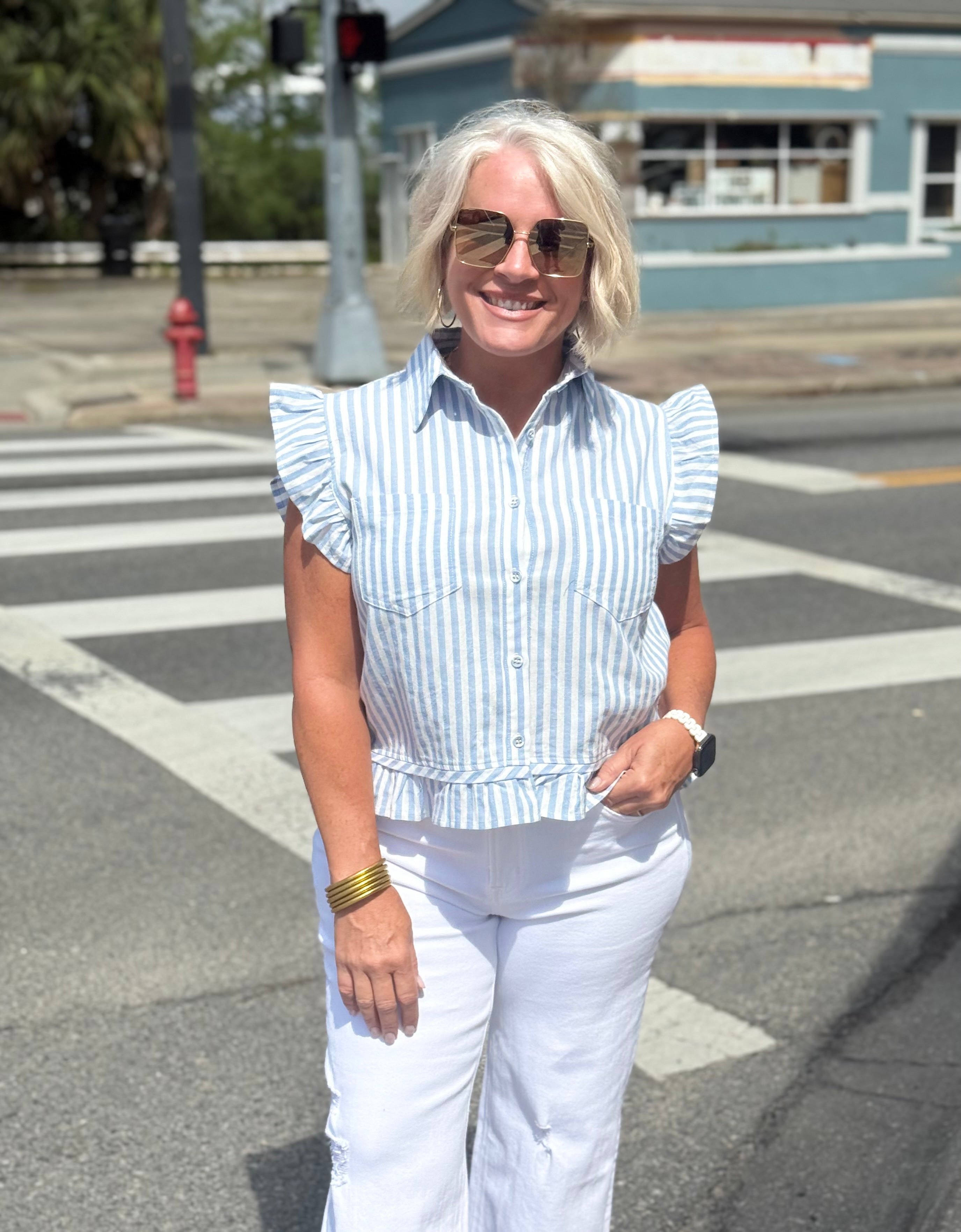 Blue Stripe Button Front Sleeveless Blouse Top