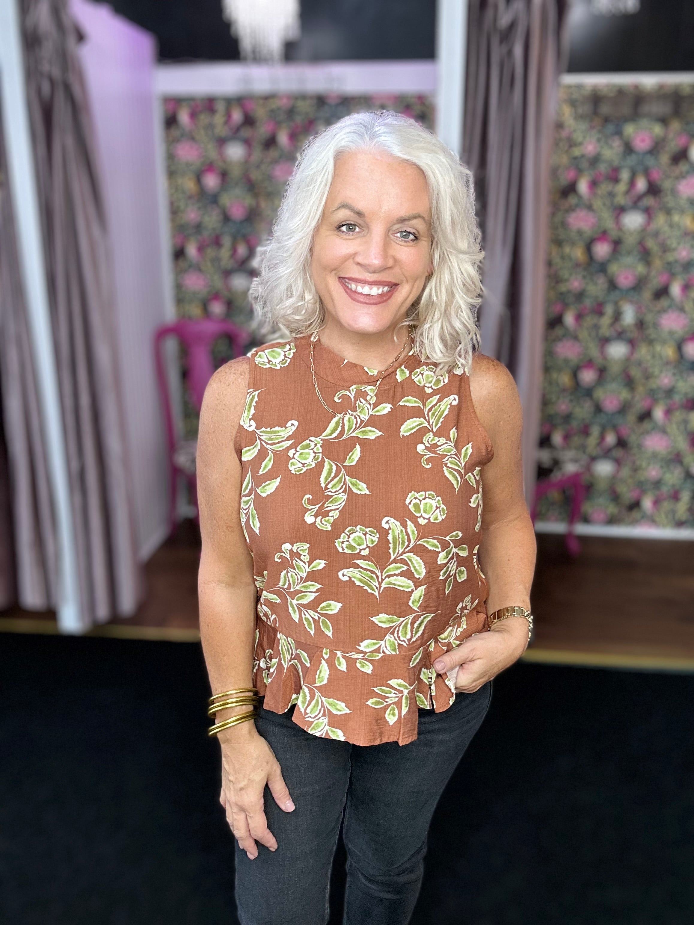 Brown Printed Top with Back Button Detail