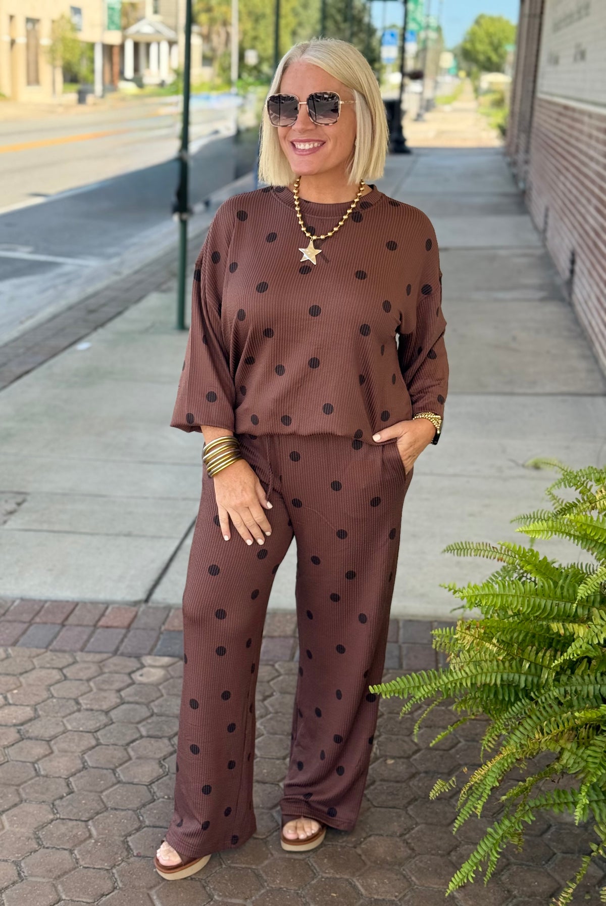 Chocolate Brown Polka Dot Textured Long Sleeve Top and Pants Set