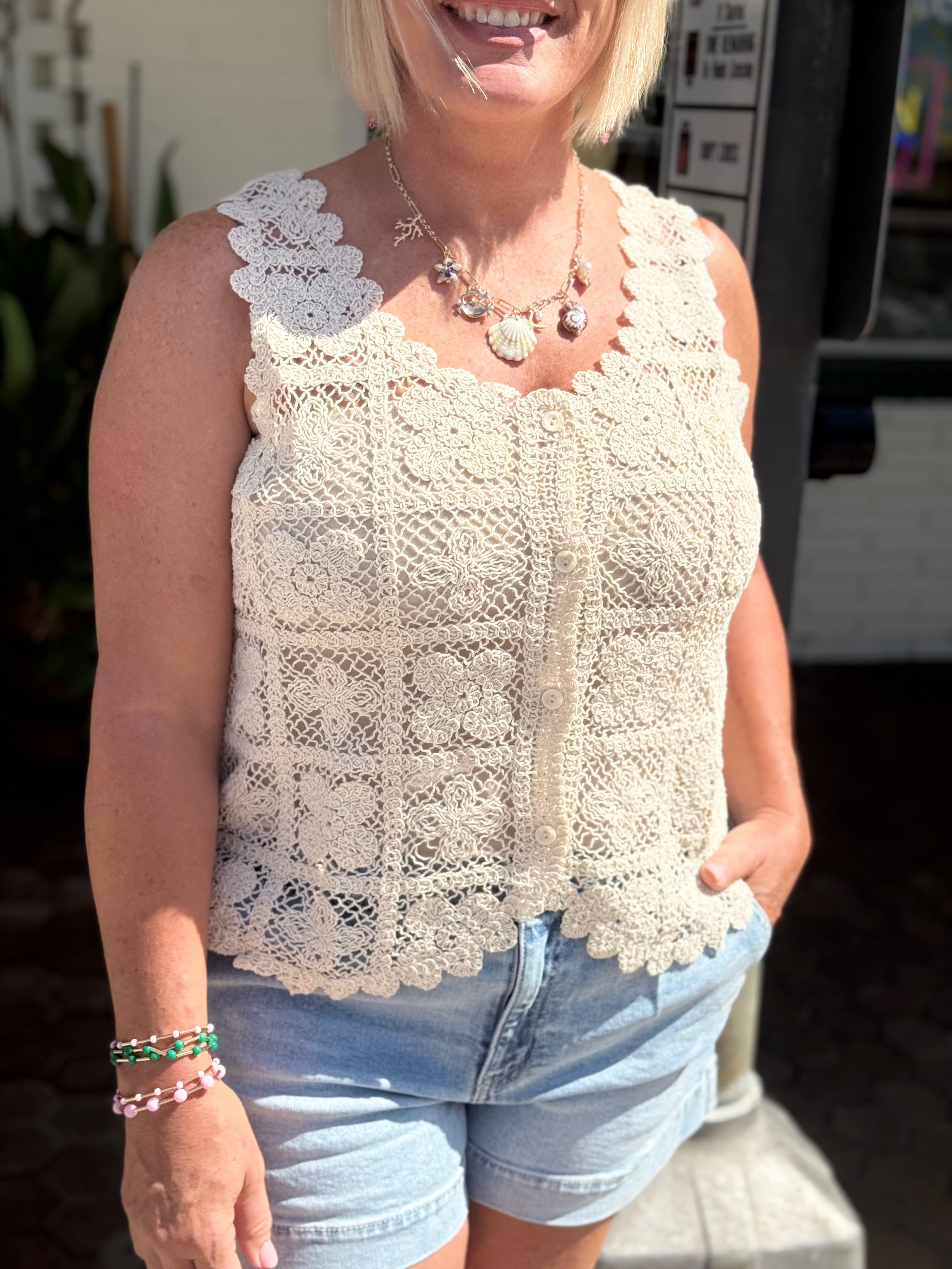 Floral Pattern Crochet Lace Tank Top