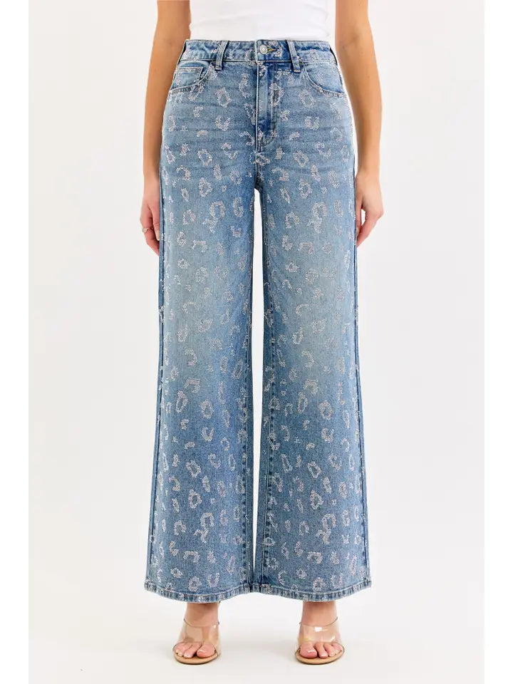 Cello High Rise Wide Leg with All Over Rhinestones