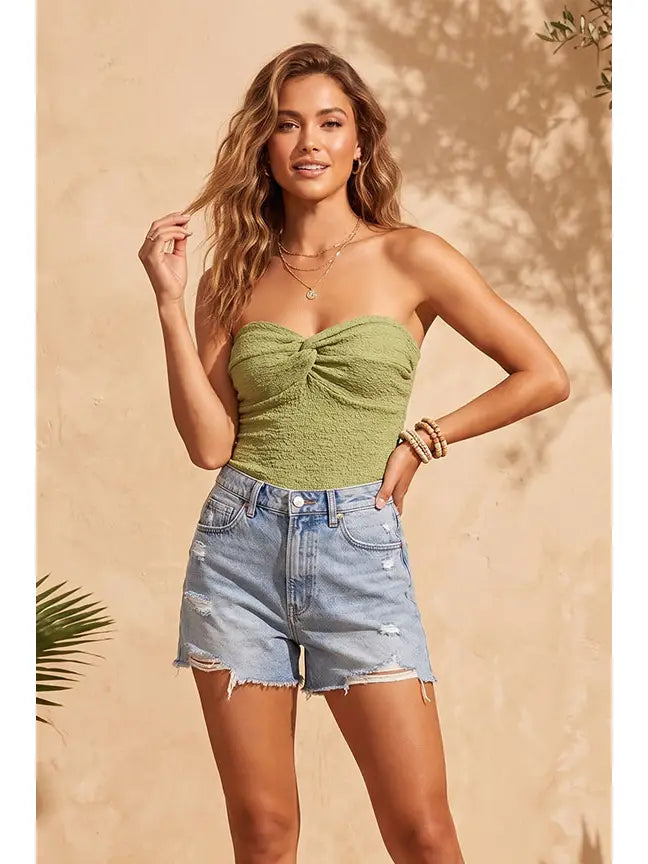 Sage Smocked Twist Front Bandeau Top